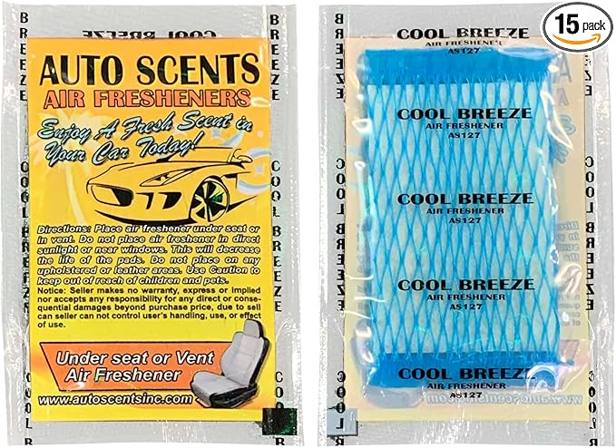 Individually Wrapped - Professional Car Air Freshener Pads - Remove Smells & Add Ambience (15 Per Pack) (Cool Breeze)