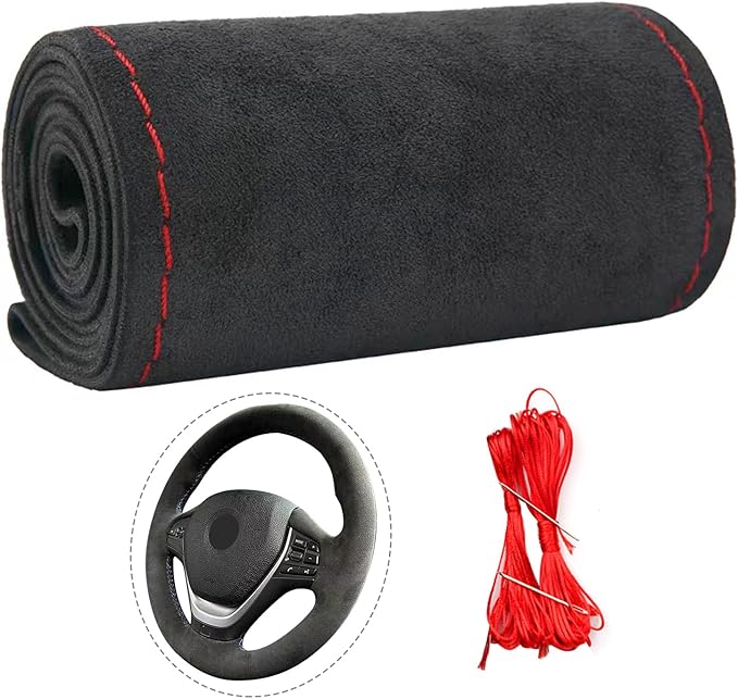 Suede Leather Steering Wheel Cover Wrap Kit - DIY Stitch-On for 17-18" Wheels, Superior Sweat Absorption & Non-Slip Grip, Comfortable & Durable Year-Round Upgrade