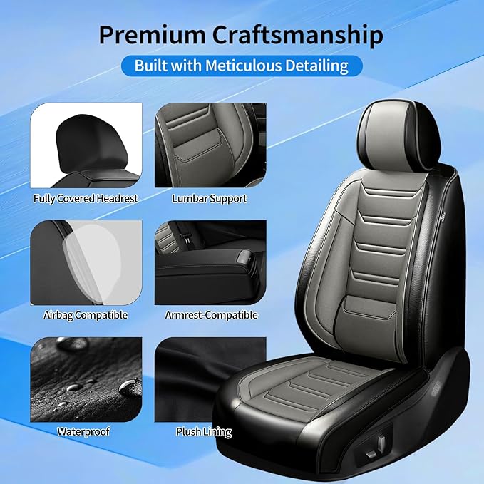 Fit Cruze Car Seat Covers for Select Chevrolet/Chevy Cruze 2011-2019, Premium Full Coverage Leather, Airbag Compatible, Waterproof All Weather Seat Cushion Protector, Front Pair Black+Gray