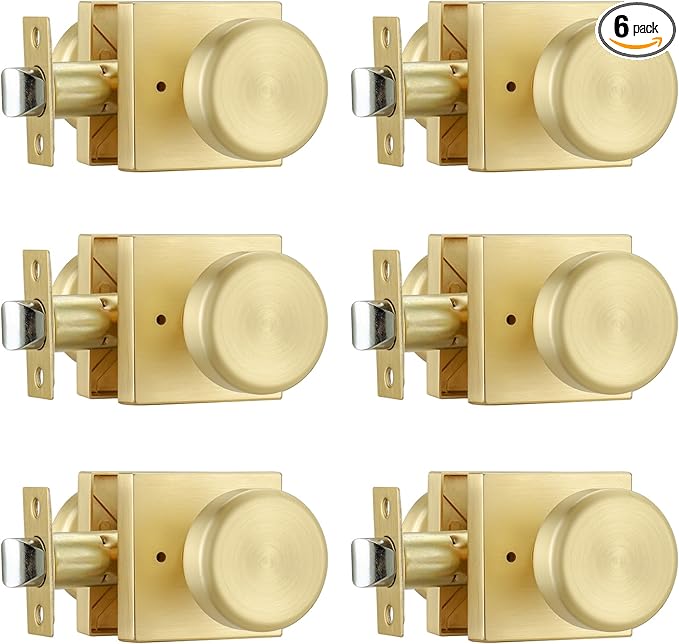 6 Pack Brushed Gold Door Knob with Square Rosette, Heavy Duty Door Knob with Lock, Interior Door Handles for Bath & Bed,