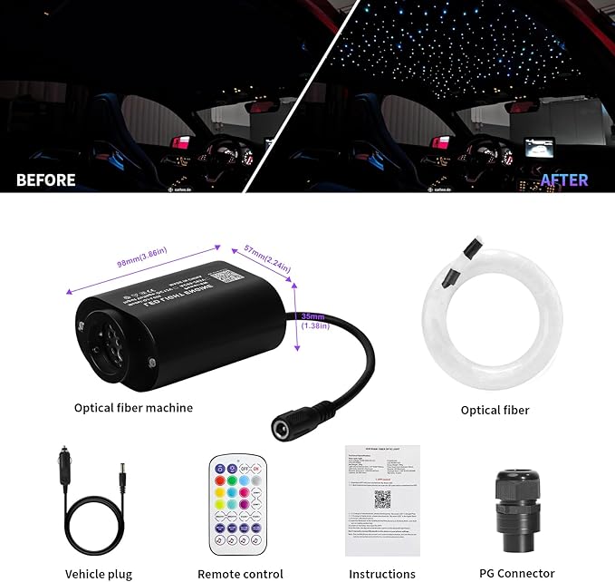 Small Size Car Twinkle Fiber Optic Starlight Headliner Kit, Sound-Activated APP& Remote Control Starlight Engine for Car Home, 150pcs 6.5ft