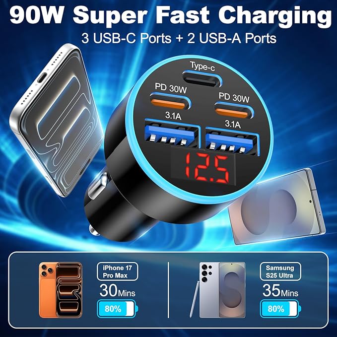 Car Charger USB C, 5-Port 90W Super Fast Car Phone Charger, Dual PD 30W & QC Type C Car Charger, Cigarette Lighter Adapter with Voltage Display for iPhone 17/16/15 Pro Max, iPad,Galaxy S25 S24,Pixel