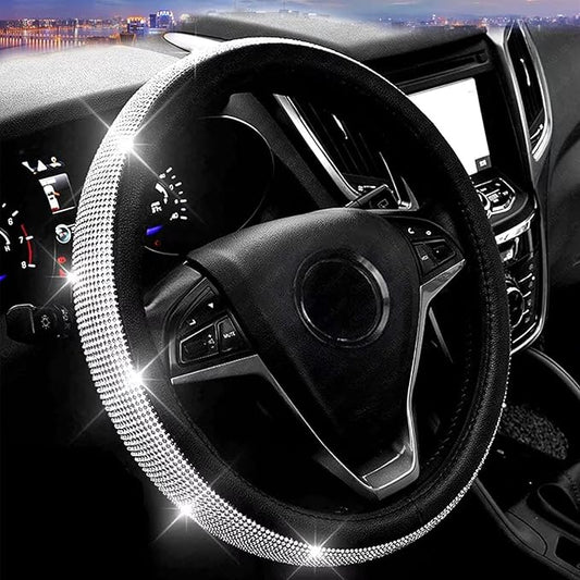 Bling Diamond Leather Steering Wheel Cover, Pink Steering Wheel Covers for Women Girls with Crystal Rhinestones, Universal Fit 14.5-15 Inch Car Steering Wheel Bling Cover Accessories