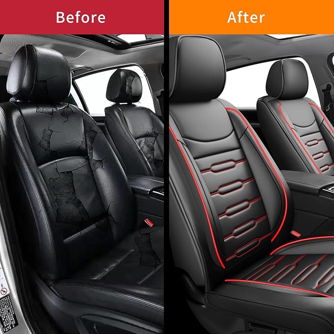 Fit Camry Car Seat Covers for Toyota Camry 2012-2024 2025 2026 - Upgraded Premium Waterproof & Breathable Leather, Airbag Compatible, All-Weather Seat Cushion Protector (2 Front/Black+Red)