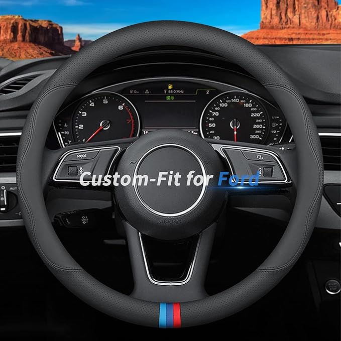 Custom-Fit for Ford Steering Wheel Cover, Premium Leather Car Cover with Logo, Non-Slip, Breathable, Accessories (D-Style,for Ford)