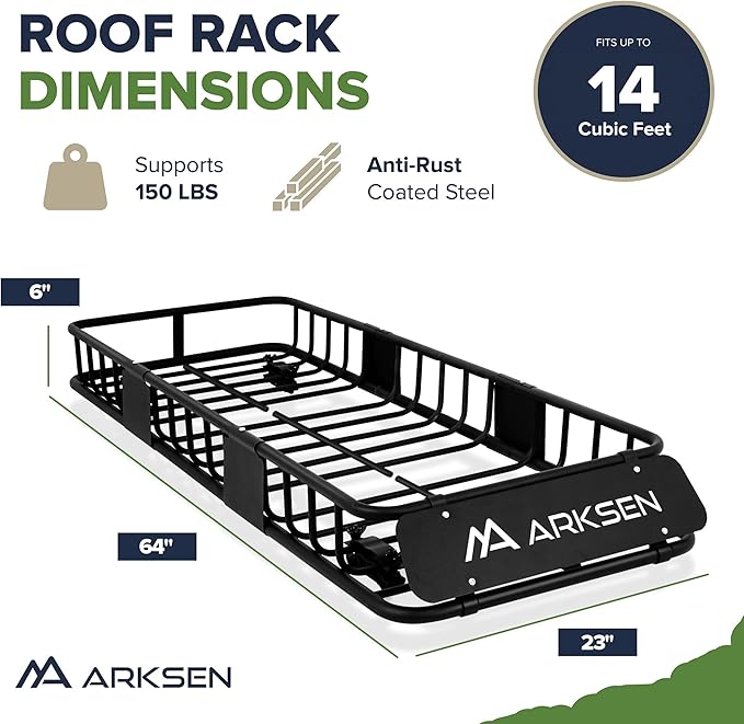 ARKSEN Skinny Roof Rack 64"x23"x6" Cargo Carrier with Waterproof Bag, Net, Straps & Anti-Slip Mat, Heavy Duty Top Mount Cargo Basket, Luggage Camping Gear Storage for Car, Truck or SUV Transport