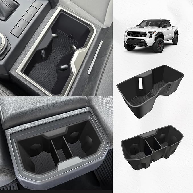 Muslogy Center Console Front&Rear Cup Holder Inserts Compatible with 2024 2025 2026 Toyota Tacoma Accessories Middle Console and Rear Armrest CupHolder Silicone Rubber Organizer 2PCS Set