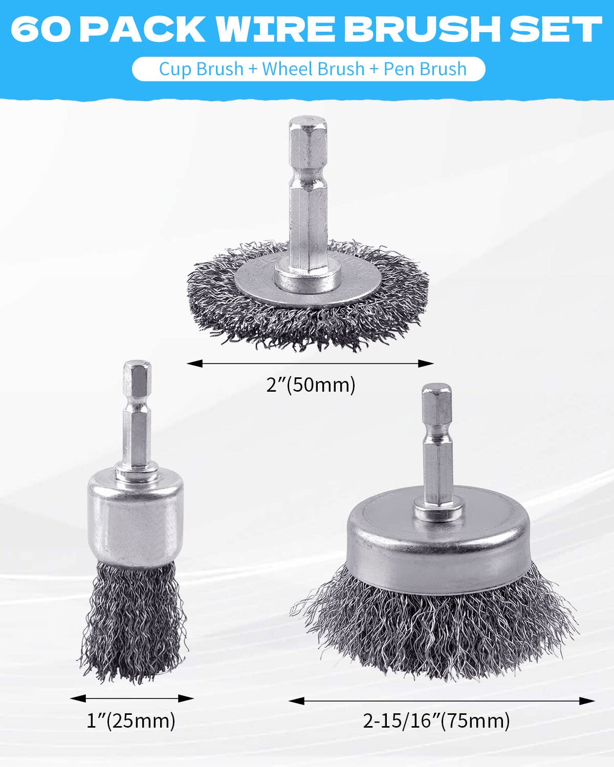 60 Pack Rocaris Carbon Steel Wire Wheel Brush Set - Cup, Wheel, and Pen Brushes With 1/4-Inch Hex Shank for Rust Removal, Corrosion and Scrub Surfaces
