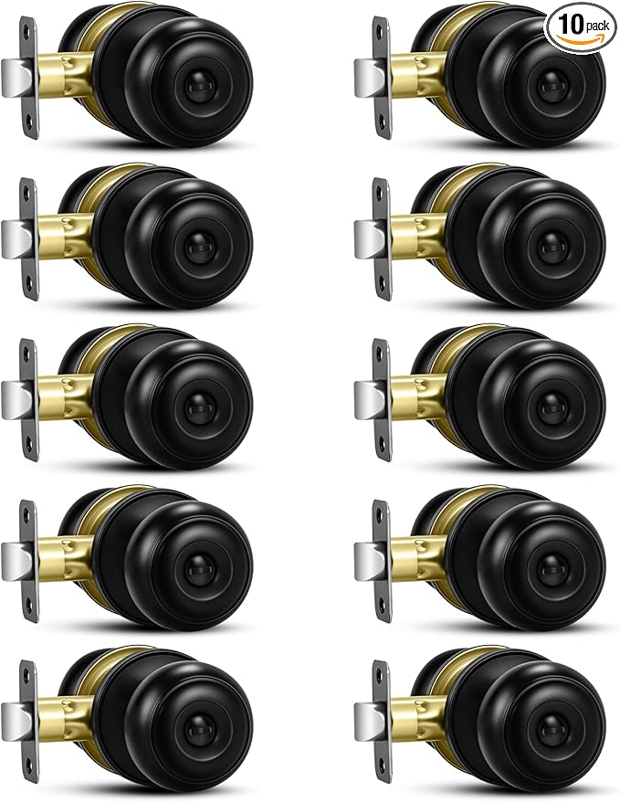 Plustool 10 Pack Matte Black Door knobs, Keyless Interior Door Locks, Round Ball Keyless Doorknobs with Lock Privacy Door Handle for Bedroom Bathroom