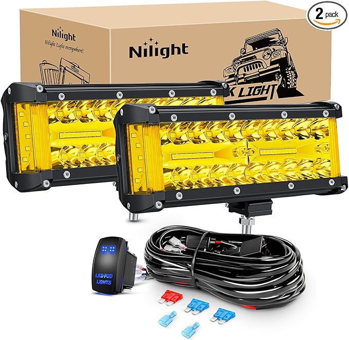 Nilight Side Shooter LED Light Bar 2PCS 7 Inch Triple Row Spot Flood Combo Yellow Beam Pods with 5Pin Rocker Switch Wiring Harness Kit for Off Road Lighting on Truck SUV ATV UTV