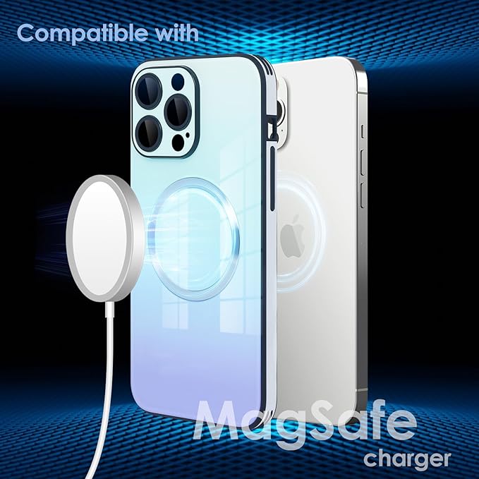 Guppy Compatible with iPhone 15 Pro Max Case Magnetic, with Full Camera Lens Protector [Compatible with MagSafe] Scratch Resistant Gradient Glass Back Cover Phone Case-Blue