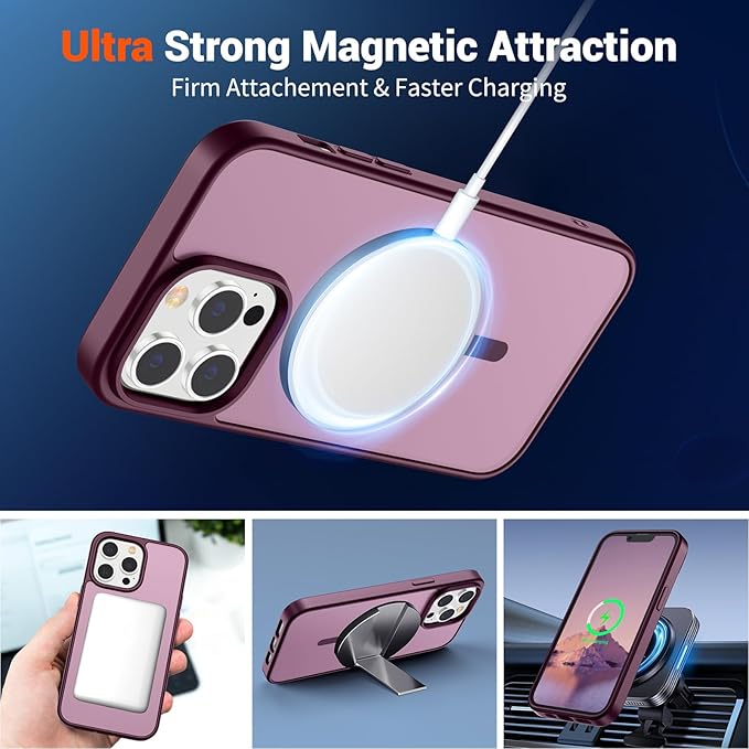 SUPFINE Magnetic for iPhone 13 Pro Case (Compatible with MagSafe) (Military Grade Drop Protection) Slim Translucent Matte Shockproof with Anti-Fingerprint Phone Case,Wine Red