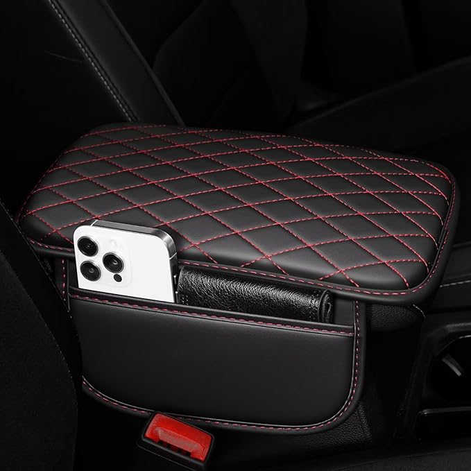 Upgraded Car Center Console Cover Fit for Land Cruiser Faux Leather Car Armrest Cover Cushion with 2 Storage Bags,Car Armrest Storage Box Interior Accessories(Black&Redline)