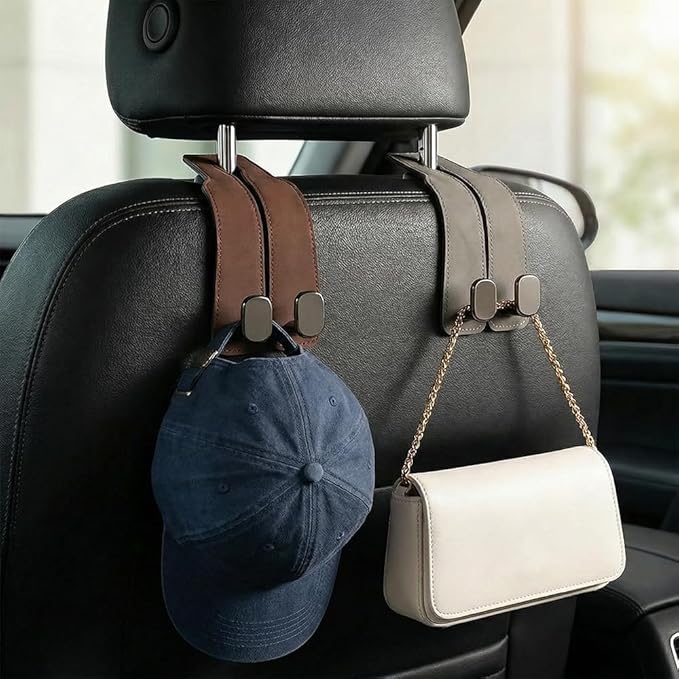 Car Seat Back Storage Hook, 2026 New Two Hook Fur Leather Seat Back Headrest Hanger Genuine Leather Double Metal Hook for Backseat Organizer, Car Organization Accessories (2, Brown)