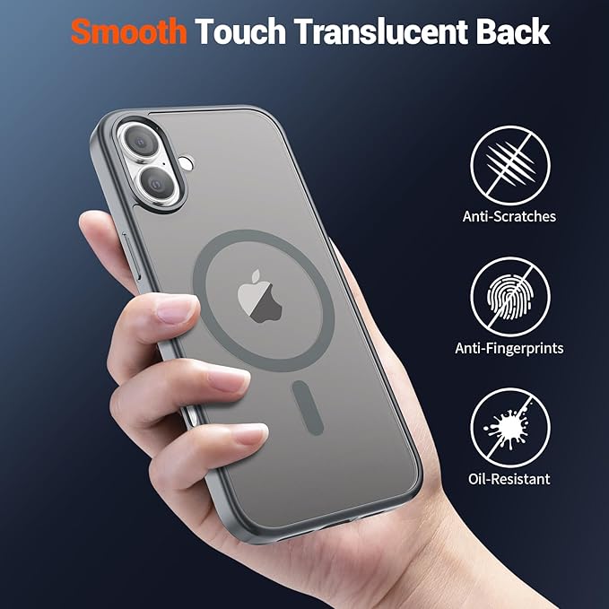 SUPFINE Magnetic for iPhone 16 Plus Case(Compatible with MagSafe)(Military Grade Drop Protection) Slim Translucent Matte Shockproof with Anti-Fingerprint Phone Case,Gray