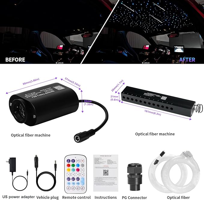 Small Size Fiber Optic Starlight Headliner Kit, Shooting Stars + Twinkle + Sound-Activated APP& Remote Control Starlight Engine for Car Home, 500pcs 13.1ft