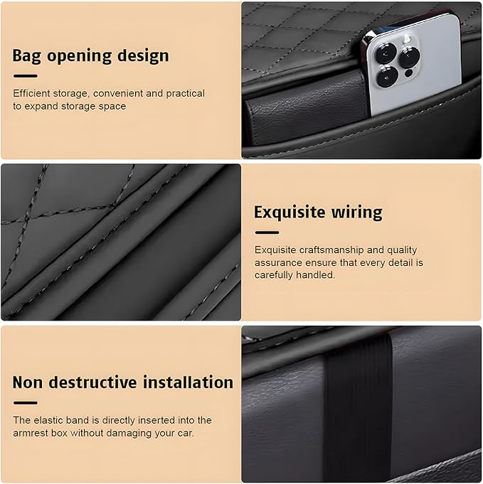 Car Center Console Cover with 2 Storage Pockets, Waterproof PU Leather Car Armrest Cover Cushion, Universal Car Armrest Seat Box Pad Car Interior Accessories for Most Vehicle (Black)