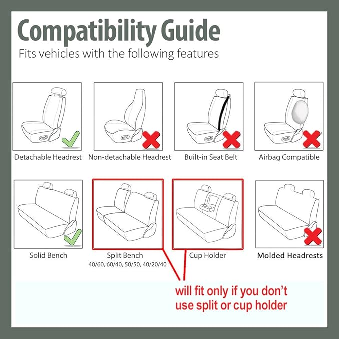 FH Group Car Seat Covers Flat Cloth Automotive Gray Full Set, Rear Solid Bench Universal Fit Combo Steering Wheel Cover & Seat Belt Pads Car Seat Protector for Cars Trucks SUV Interior Accessories