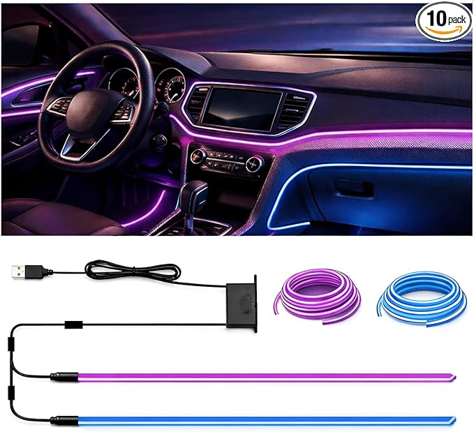 EL Wire Car Interior Lights Kit, 2 Packs 3.28FT Neon Ambient Lighting Strip, USB Powered Electroluminescent Light with Fuse Protection, Flexible DIY Trim Lighting for Car, Home & Party (Purple&Blue)