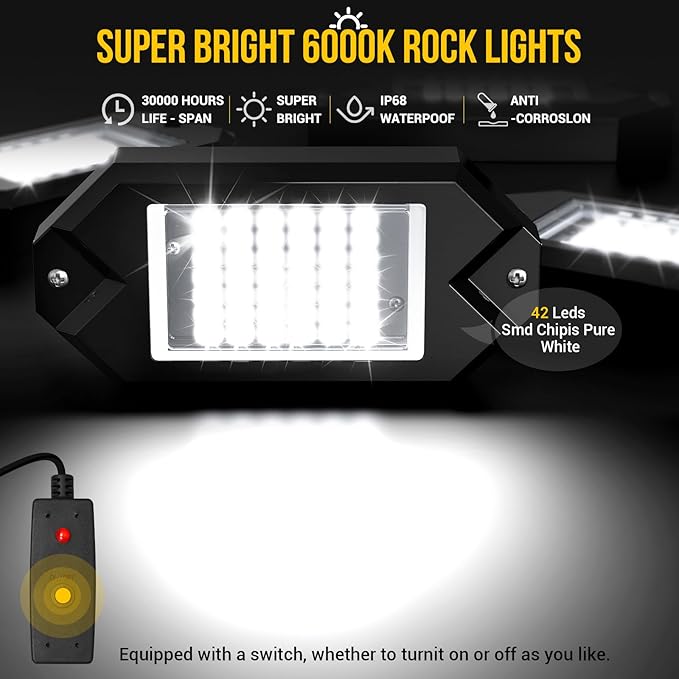Hovano 12Pods Alloy White Rock Lights Kits with Extension Wires,6000K Pure White Color 42 LED Super Bright Chips IP68 Waterproof Underglow Kit for Pickup Off Road Trucks SUV ATV UTV Golf Car Boat