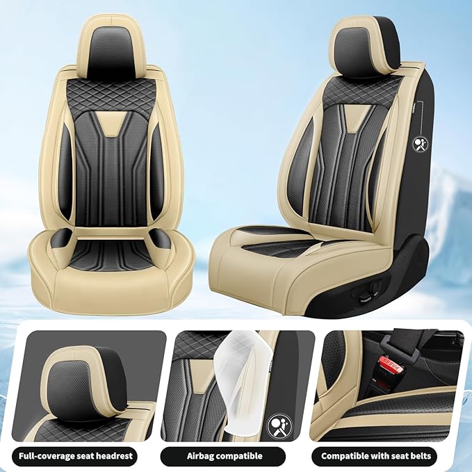 Fit Kona Car Seat Covers for Select Hyundai Kona 2018-2025 2026. Premium Leather, Waterproof， Breathable, Scratch-Resistant & All-Weather Seat Cushion Protector (Full Set, Beige&Black)