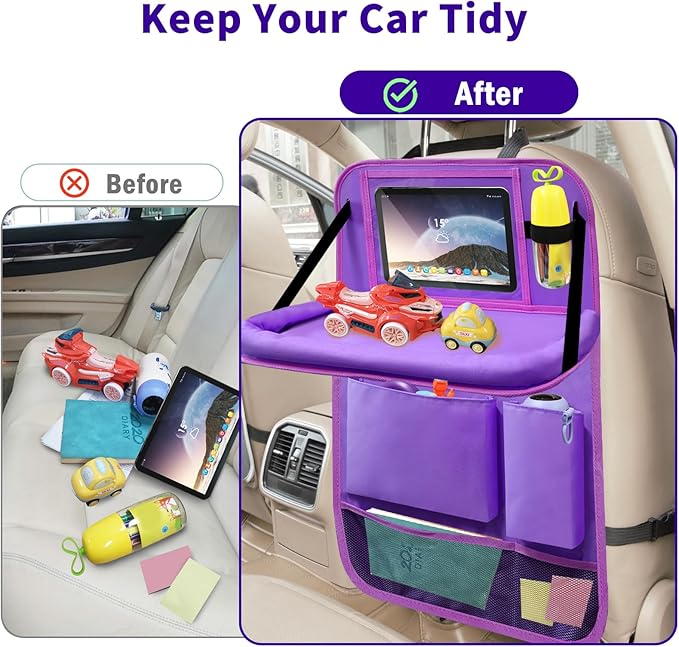 Car Seat Back Organizer Table Tray, Car Seat Storage Organizer for Kids with Foldable Tablet Holder, 6 Storage Pockets Kick Mats 600D Oxford, 2 Pack Purple