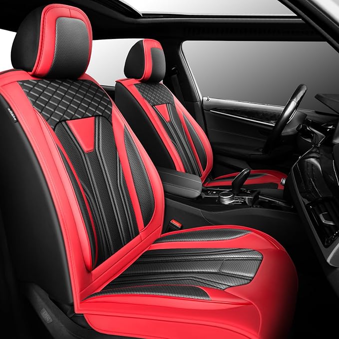 Fit Leaf Car Seat Covers Compatible with Nissan Leaf 2012-2025 2026 - Premium Leather， Waterproof Breathable， All-Weather Seat Cushion Protecto&Airbag Compatible (2 Front Seat Red&Black)