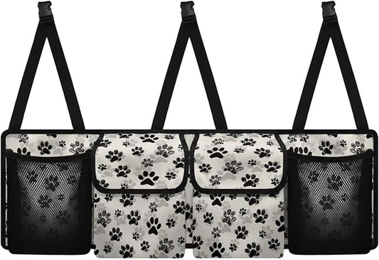 Dog Paw Car Trunk Organizer, Backseat Storage Bag with 4 Pockets, Adjustable Large Capacity Hanging Collapsible Bag for Most Vehicles, Universal Car Accessories