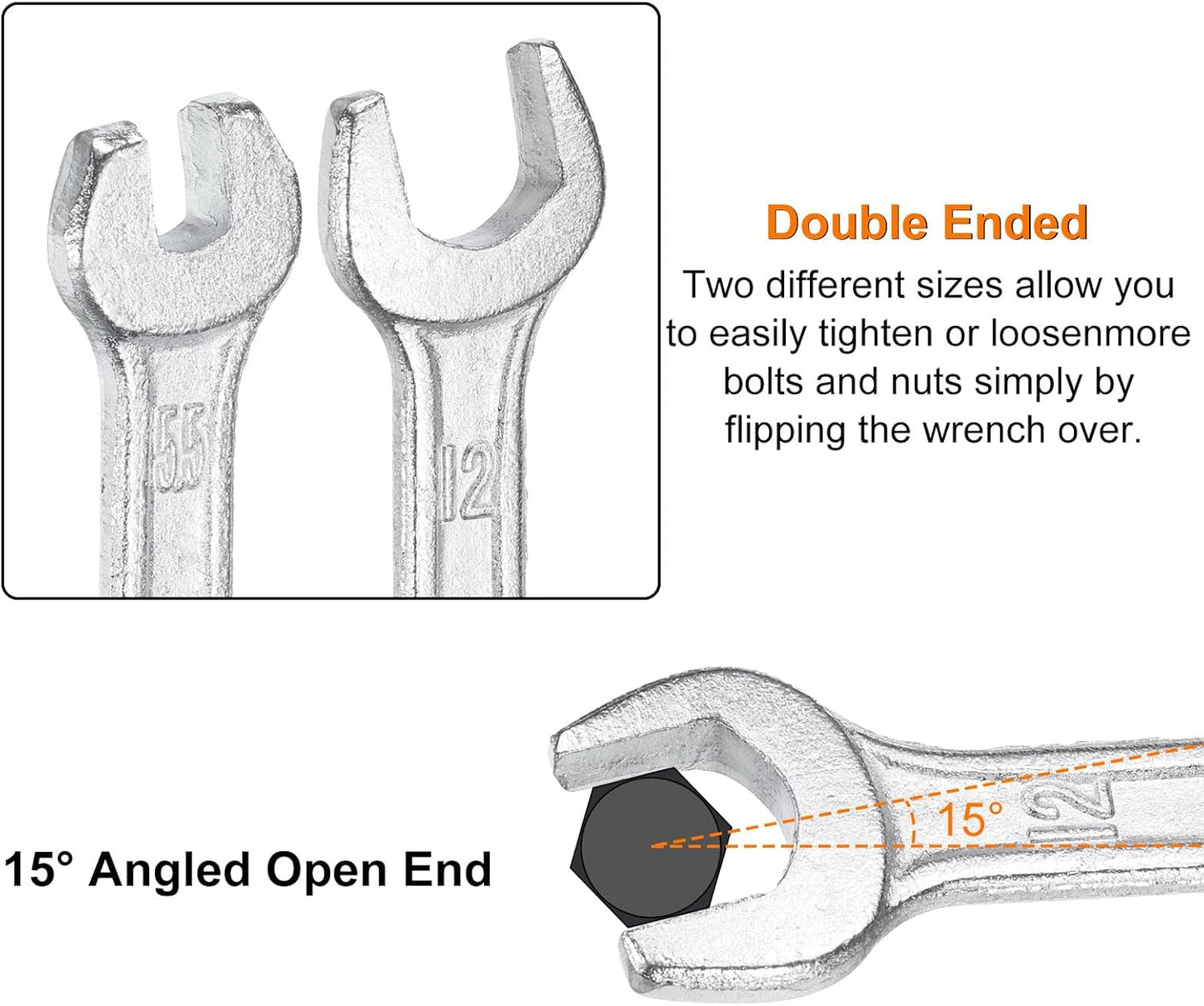 HARFINGTON 2pcs Double Open End Wrench 13mm x 15mm Metric 15 Degree Offset Angle Small Flat Head Wrench Galvanizing Open Ended Spanner for Automotive Repair Furniture Assembly