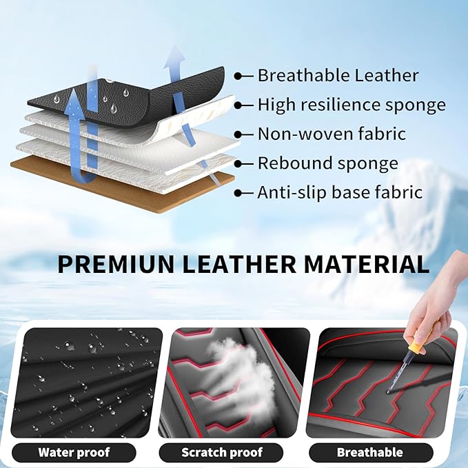 Fit Frontier Car Seat Covers Compatible with Nissan Frontier 2010-2025 2026 - Premium Leather， Waterproof， All-Weather Seat Cushion Protecto&Airbag Compatible (2 Front Seat Red Line Black)