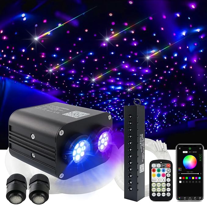 AMKI Dual Color 20W Twinkle Starlight Headliner Kit 600pcs*0.03in*9.8ft Cables+ RGB Meteor Shooting Star Fiber Optic Light Sound Activated APP/Remote Control for Car Roof Home Ceiling