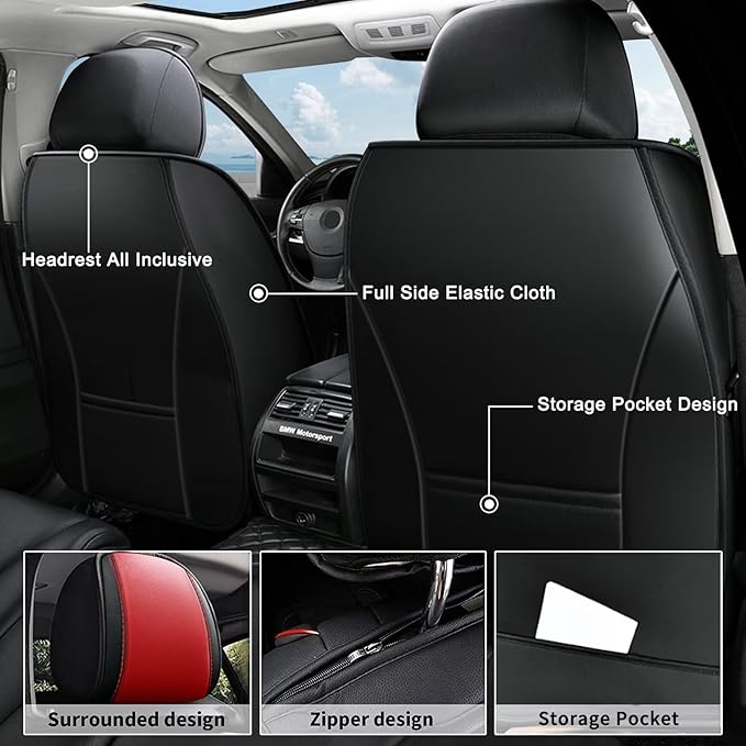AOMSAZTO Car Seat Cover 2 Front Seat Fit for Ford Explorer 2004-2025 2026 Leather Car Seat Cushion Protector Compatible Airbag Waterproof Automotive Seat Covers Black&Red
