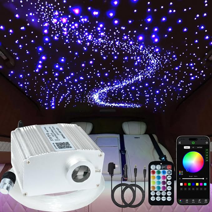 FIREWORK Starlight Headliner Kit, Fiber Optic Lights 10W RGBW Twinkle+Music Effect+APP+Remote, Mixed Diameter Fibers 360pcs of 9.8ft/3m (0.03+0.04+0.06in) for Star Lights for Car/EV & Home Ceiling