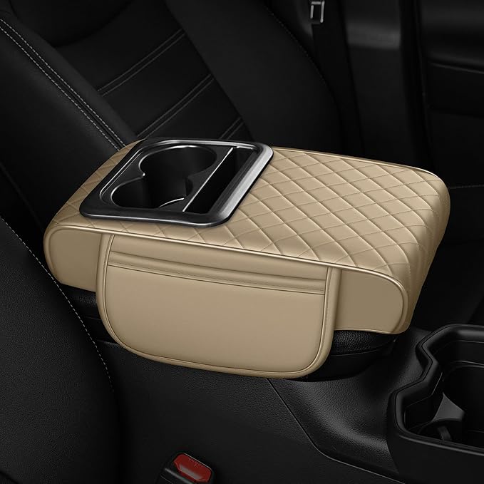 Armrest Cover for Car Fit for Jeep Gladiator - Center Console Cover with Cup Holders and 2 Storage Pockets(Beige)