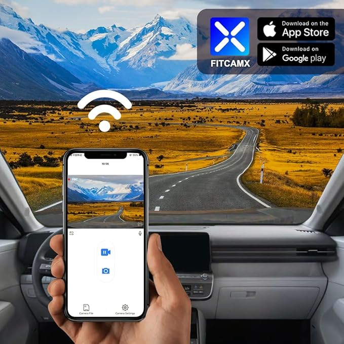 Fitcamx Front 2K+Rear 1080P Dash Cam Adapts for Hyundai Kona 2023-2025 & Kona Electric (Part No#BE010), OEM Style, Dual HD Video, WiFi Connect & APP, Loop Recording, G-Sensor, Easy to Set, 64GB Card
