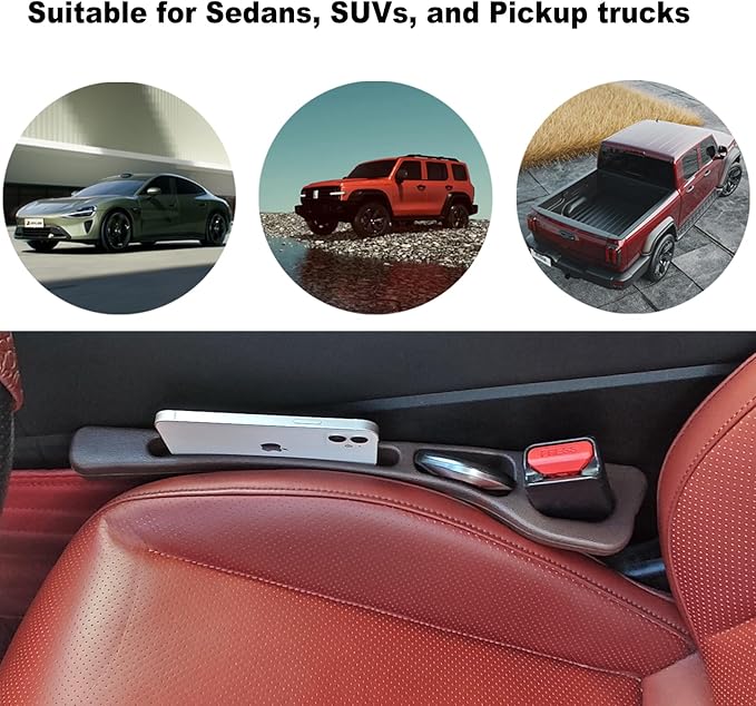 Elastic Car Seat Gap Filler Organizer (2-Pack) - Universal Fit for Car SUV Truck, Black Leather Texture, Prevents Items from Falling Between Seats, Easy Installation Tool-Free (Brown)