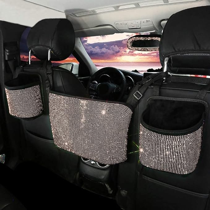 eing Crystal Car Organizers and Storage Purse Holder, Car Seat Back Net Handbag Accessories with Bling Diamonds for Women, Car Pet Barrier for Dogs and Kids, Gold