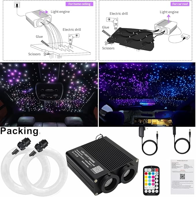 AZIMOM Dual Color 32W Fiber Optic Starlight Kits 600pcs*0.03in*9.8ft Fiber Strands Sound-Activated APP/Bluetooth Remote Control Home Car Star Ceiling Roof Headliner Decor