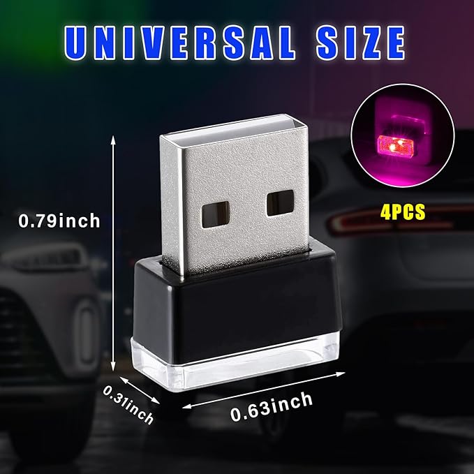 Augeny 4 PCS USB LED Car Interior Atmosphere Lamp, Plug-in USB Decor Night Light, Portable Auto Ambient Lighting Kit, Universal Vehicle Interior Accessories for Most Cars (Purple)