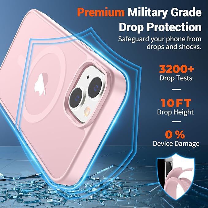 SUPFINE Magnetic for iPhone 14 Case & iPhone 13 Case with Screen Protector (Compatible with MagSafe)(Military Grade Drop Protection) Translucent Matte Shockproof Phone Cover,Light Pink