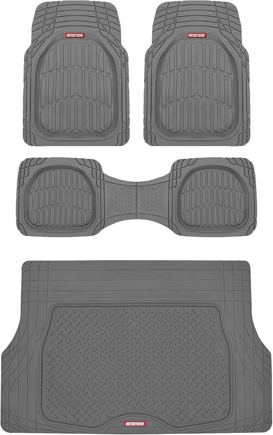Motor Trend FlexTough 4-Piece Heavy Duty Floor Mats for Cars Trucks SUVs, Automotive Floor Mats Car Mats Full Set Front, Rear & Cargo, Trim-To-Fit Semi-Custom Deep Dish All Weather Rubber Mats - Gray