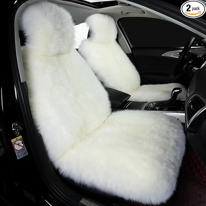 OGLAND 2 Pack Fluffy Sheepskin Car Seat Cover-Fuzzy Fur Auto Cushion for Universal Automotive Protector (Ivory White, 2 Pcs Front Seat Cover)
