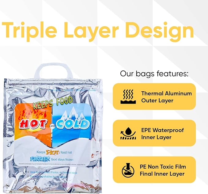 Superio Hot and Cold Insulated Bags for Food Delivery, Grocery Shopping Bags, Food Storage for Hot and Frozen Food for Travel, Disposable Cooler Bag, Reinforced Thermal Lunch Bag (1, 13"x7"x15.5")