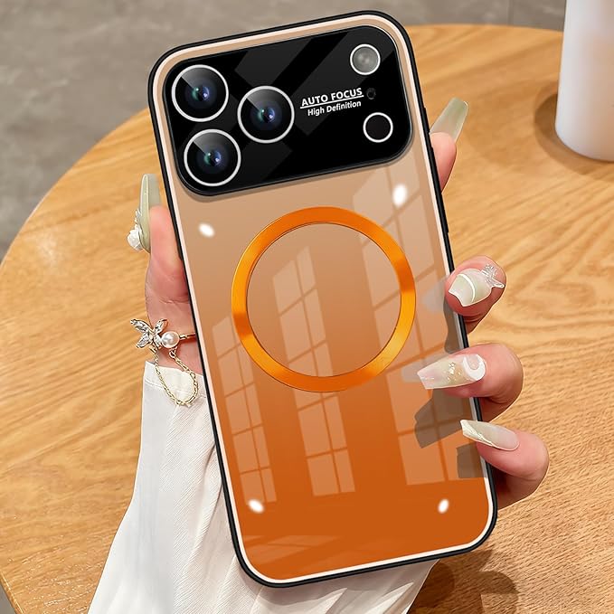 Guppy Compatible with iPhone 17 Pro Magnetic Case, with Full Camera Lens Protector [Compatible with MagSafe] Scratch Resistant Gradient Glass Back Cover Phone Case-Orange
