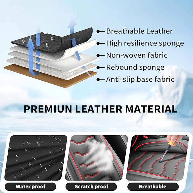 Fit Prius Car Seat Covers for Toyota Prius 2001-2025 2026 -Full Set Premium Leather, Waterproof, Breathable，All-Weather Seat Cushion Protecto & Airbag Compatible, 5-Seats Red Line Black