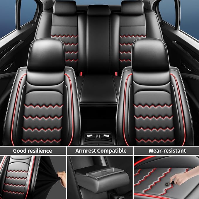 CX-3 Car Seat Covers Fit for Mazda CX-3 2016-2021, Full Coverage Premium Leather Waterproof Breathable Seat Covers, Automotive Seat Protectors, Airbag Compatible(Full Set Seats, Black & Red)