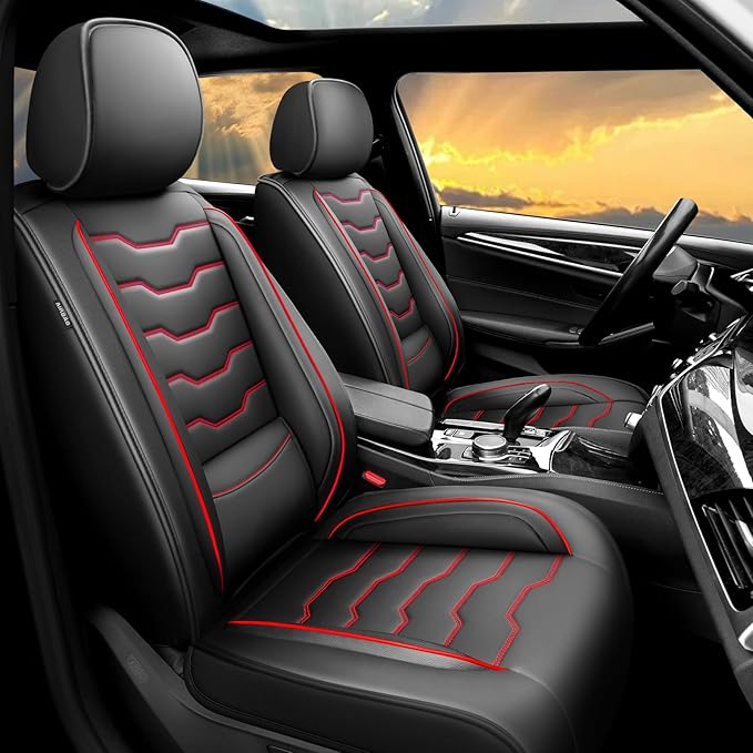 Fit Altima Car Seat Covers Compatible with Nissan Altima 2011-2025 2026 - Full Set Premium Leather， Waterproof Breathable， All-Weather Seat Cushion Protecto&Airbag Compatible（Red Line Black