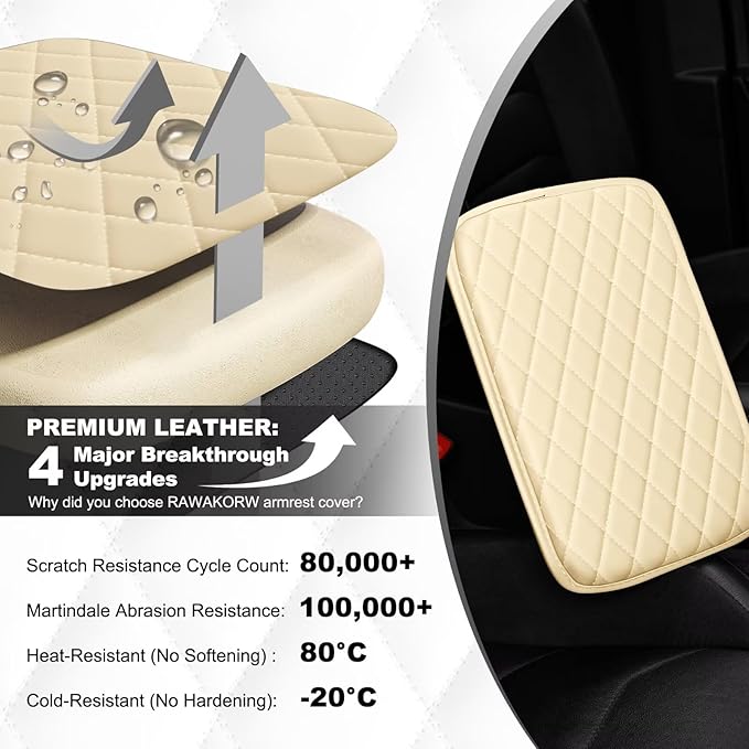 Upgraded Car Center Console Cover Fit for Tacoma Faux Leather Car Armrest Cover Cushion with 2 Storage Bags,Car Armrest Storage Box Interior Accessories(Beige&Whiteline)