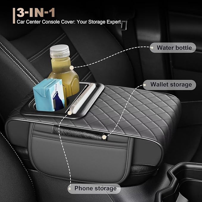 Center Console Cover Fit for bZ4X Faux Leather Car Armrest Cushion with Storage Bags, Cup Holder ＆ Phone Storage Multifunctional Middle Console Cover(Grey)