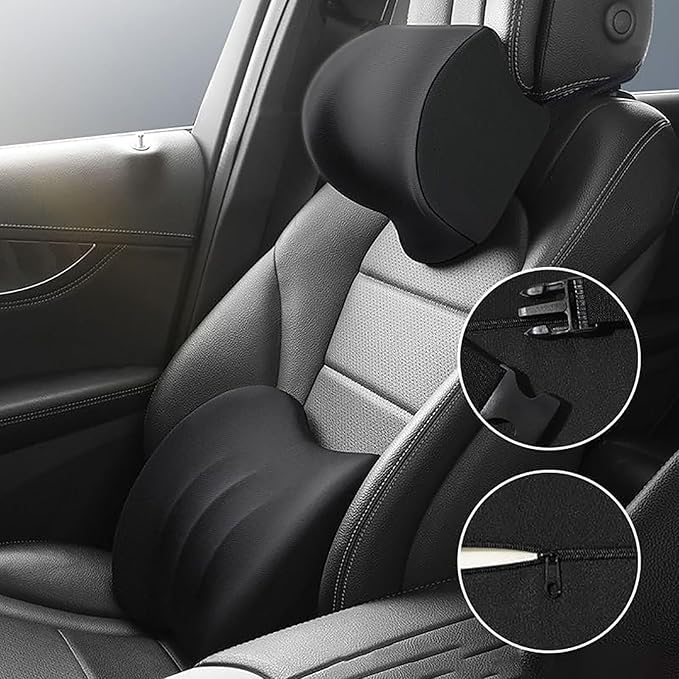 Car Headrest & Lumbar Support Cushion for Dodge Ram 1500 2019-2025, Ergonomic Car Seat Headrest Memory Foam Neck and Back Pillow Kit Breathable Removable for Driving Fatigue Relief,C/Blue